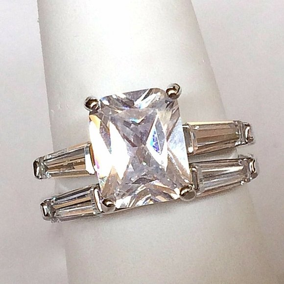 Princess Cut Engagement Wedding Ring Set Size 9 10 CZ Silver Rhodium Plated - Picture 1 of 12